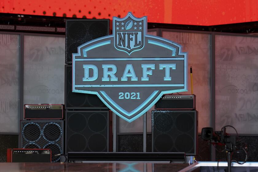 A general view of the 2021 NFL Draft logo, Tuesday, April 27, 2021, in Cleveland. The 2021 NFL Draft will be held April 29-May 1. (AP Photo/Steve Luciano)