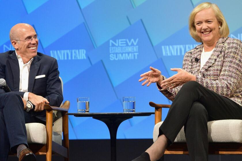 BEVERLY HILLS, CA - OCTOBER 10: (L-R) Founder and Chairman of the Board at NewTV, Jeffrey Katzenberg and C.E.O. at NewTV, Meg Whitman speak onstage at Day 2 of the Vanity Fair New Establishment Summit 2018 at The Wallis Annenberg Center for the Performing Arts on October 10, 2018 in Beverly Hills, California. (Photo by Matt Winkelmeyer/Getty Images) ** OUTS - ELSENT, FPG, CM - OUTS * NM, PH, VA if sourced by CT, LA or MoD **