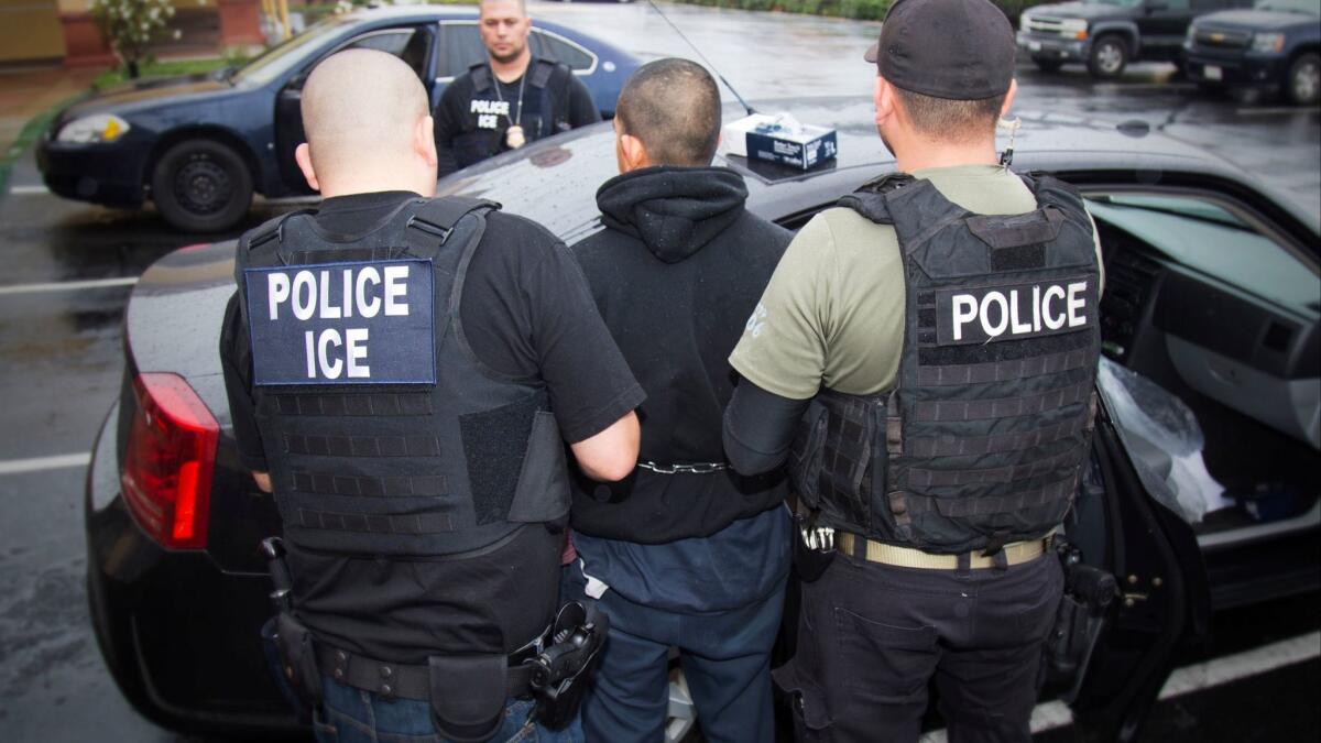 Foreign nationals are arrested during a targeted enforcement operation conducted by U.S. Immigration and Customs Enforcement aimed at immigration fugitives, re-entrants and at-large criminal aliens in Los Angeles.
