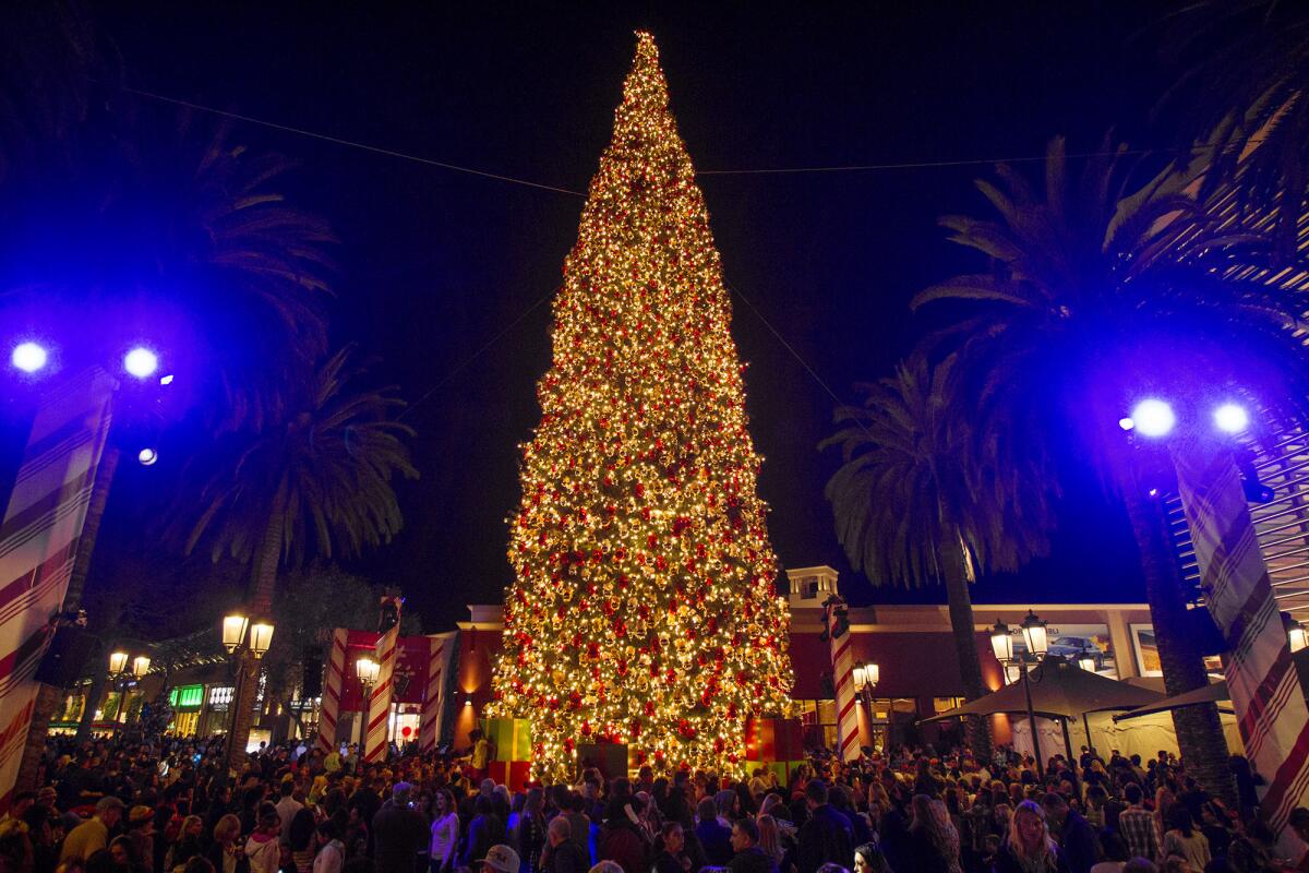 Attendees watch Fashion Island in Newport Beach light up its tree in 2014.