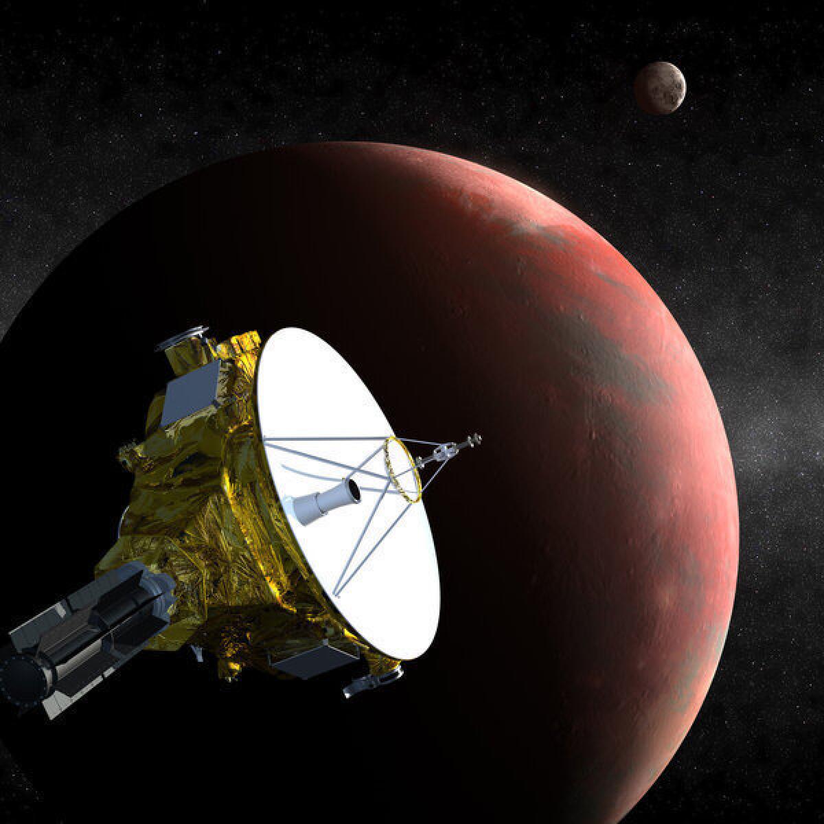An artist's depiction of the New Horizons spacecraft approaching Pluto in July 2015. Moons and debris could damage the craft as it makes its journey, scientists said Tuesday.