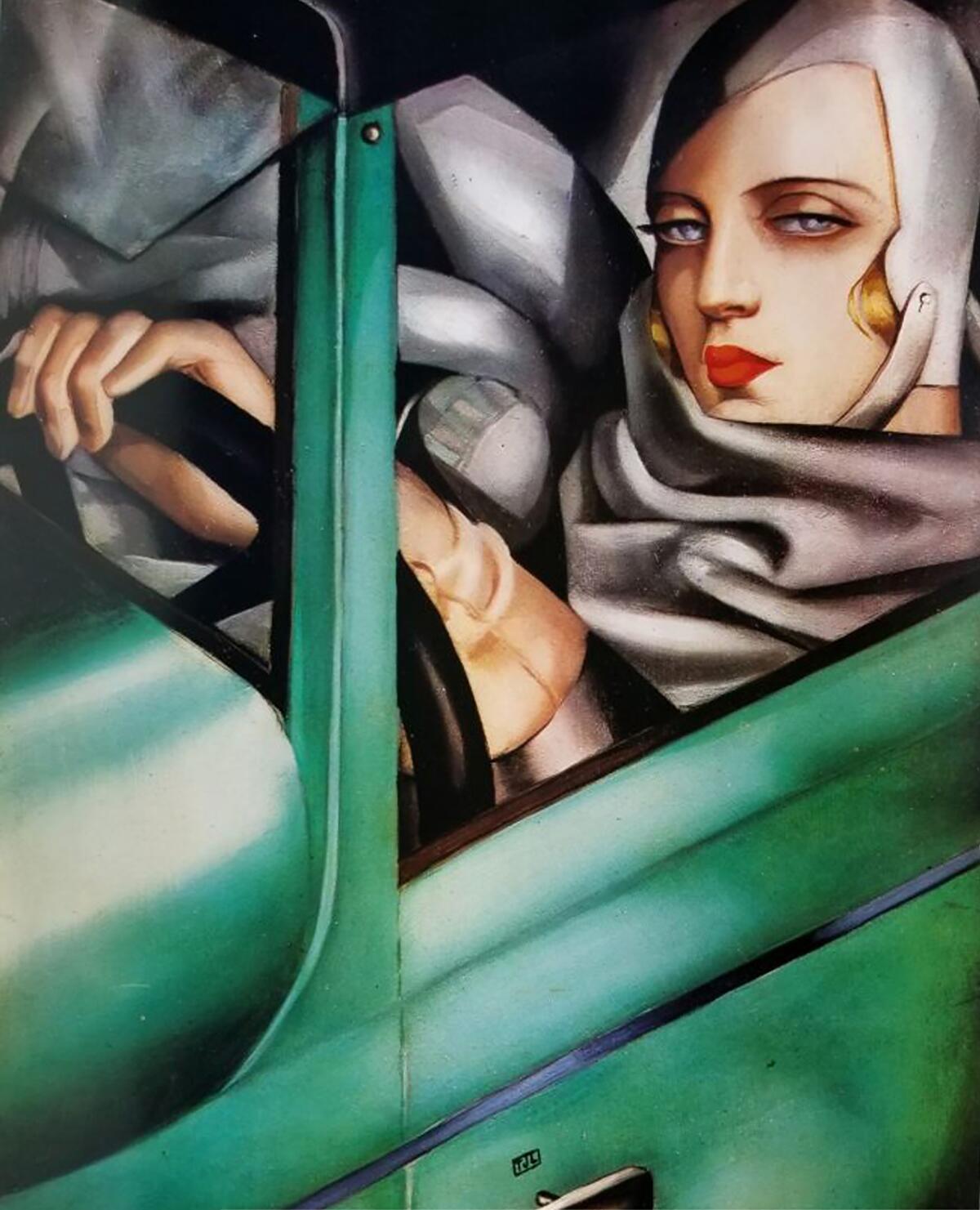 A painting of a woman at the wheel of a green roadster.