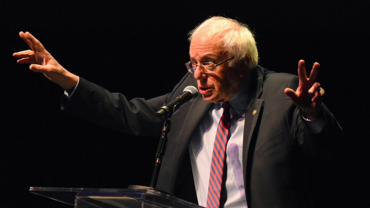 Former presidential candidate and Vermont Sen. Bernie Sanders speaks at the Theatre at the Ace Hotel on Sunday in downtown Los Angeles.