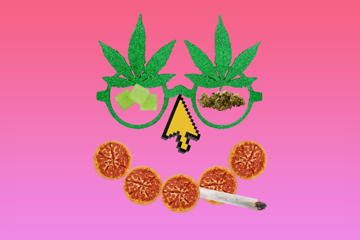 Marijuana in multiple forms and pizza create a blissed-out face.
