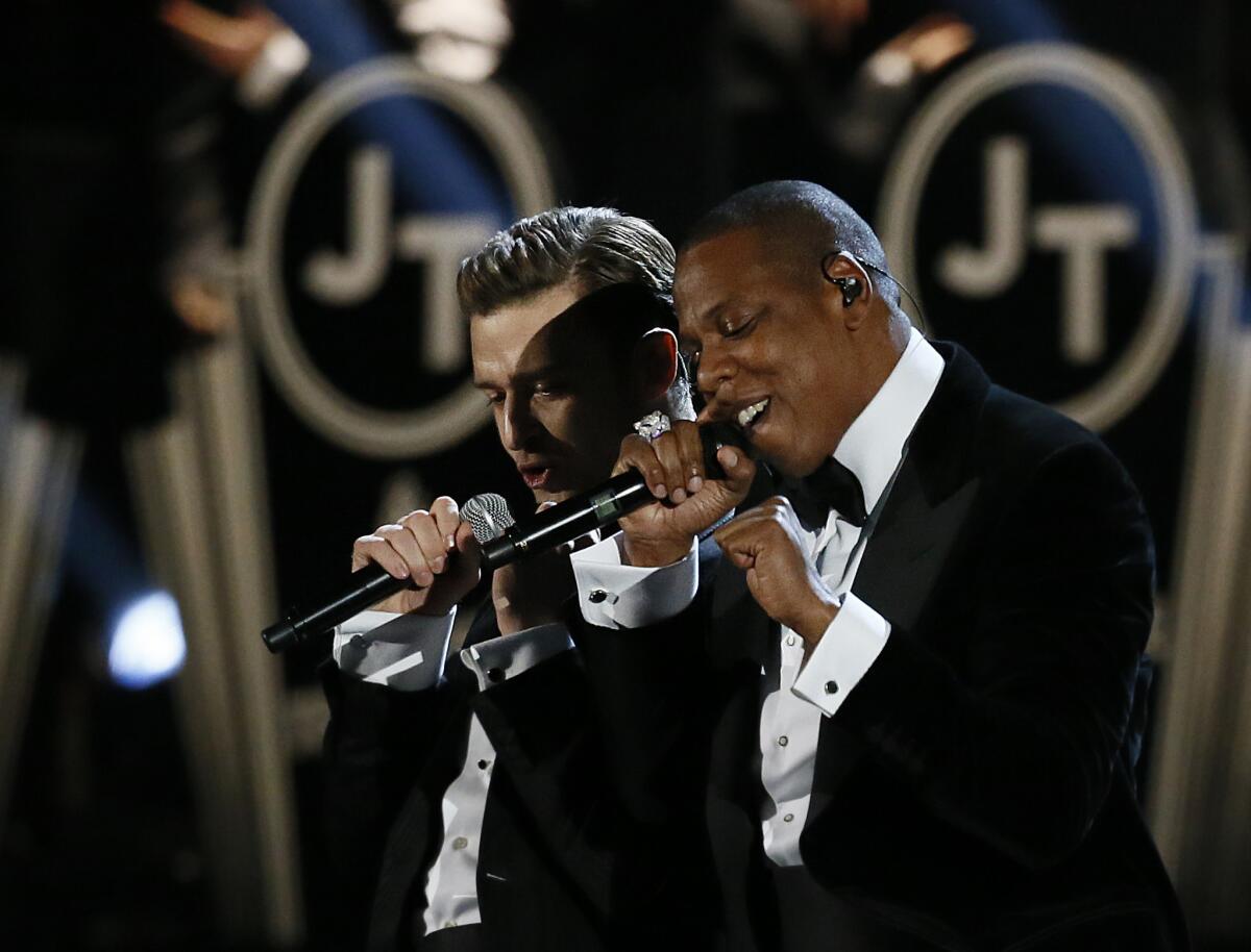 Justin Timberlake, left, and Jay-Z, shown during their Grammy Awards performance Sunday, may be going on tour together.