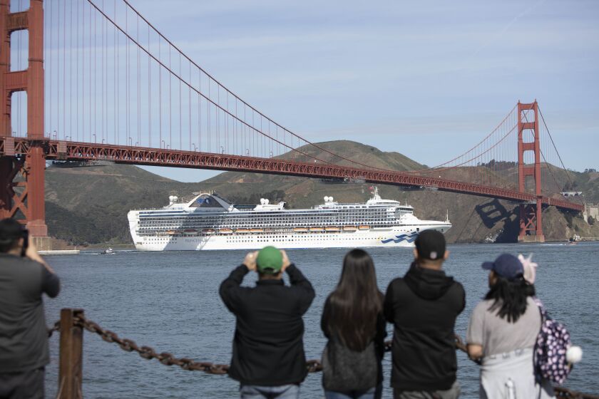 SAN FRANCISCO CA. MARCH 9, 2020 N The Grand Princess cruise ship sails in under the Golden Gate Bridge to dock at the Port of Oakland to off itOs passengers to be screened for the COVID-19 virus, San Francisco, CA, USA 9 Mar 2020. (Peter DaSilva / For The Times)