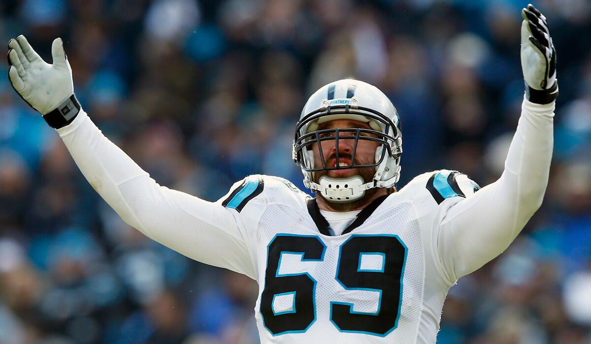 Carolina Panthers defensive end Jared Allen celebrates during the second quarter of the NFC Divisional Playoff Game against the Seattle Seahawks on Sunday.