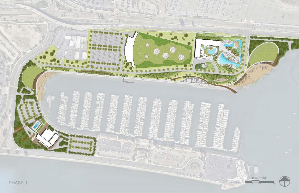 A consultant hired by the port suggested placing Topgolf between the Harbor Police Headquarters and the intersection of Liberator Way at North Harbor Drive. The illustration depicts the first of the consultant's suggested three-part development with Topgolf located west of a potential 500-room hotel.