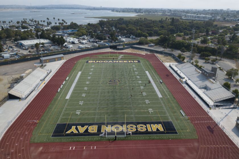 SAN DIEGO, CA - AUGUST 20: The football field sits empty at Mission Bay High on Thursday, Aug. 20, 2020 in San Diego, CA. (K.C. Alfred / The San Diego Union-Tribune)