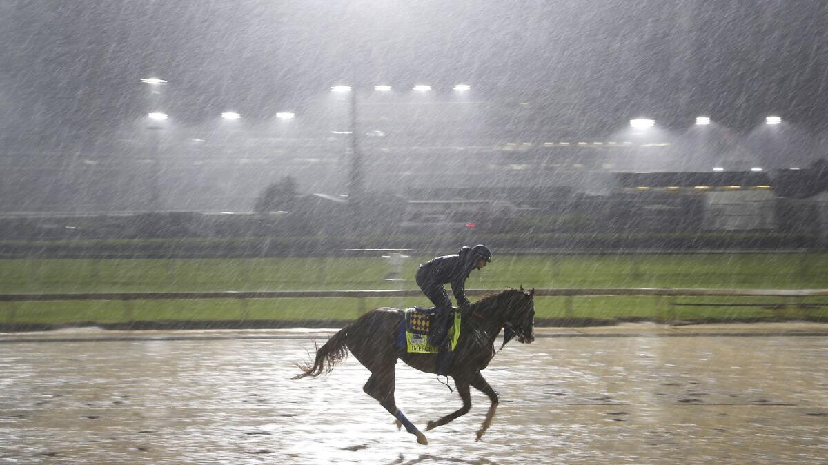 Improbable, one of three Kentucky Derby horses for Bob Baffert, trains as a vicious torrent of rain soaks Churchill Downs on Friday morning.