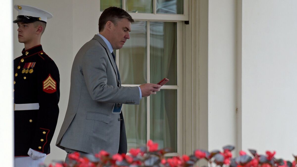 White House communications director Michael Dubke walks out of the West Wing of the White House in Washington, Tuesday, May 30, 2017. Dubke has resigned as communication director, but his last day has not yet been determined. (AP Photo/Susan Walsh)
