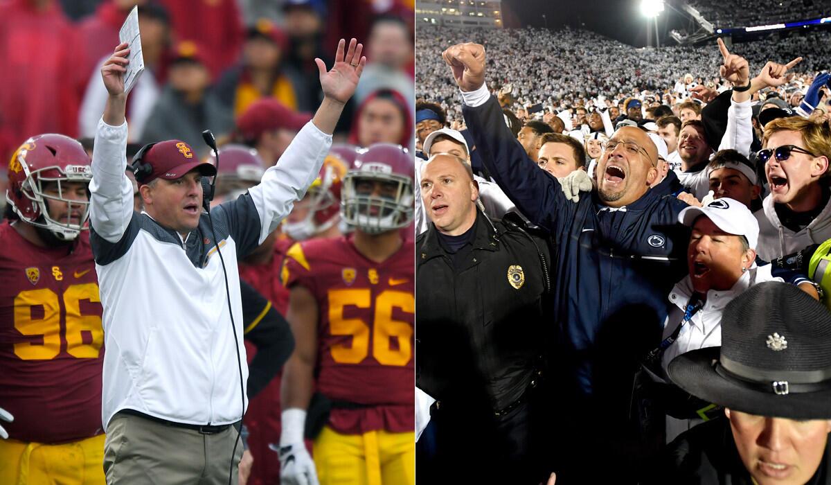 Two emerging head coaches in USC’s Clay Helton, left, and Penn State’s James Franklin will meet Monday for the 103rd Rose Bowl.
