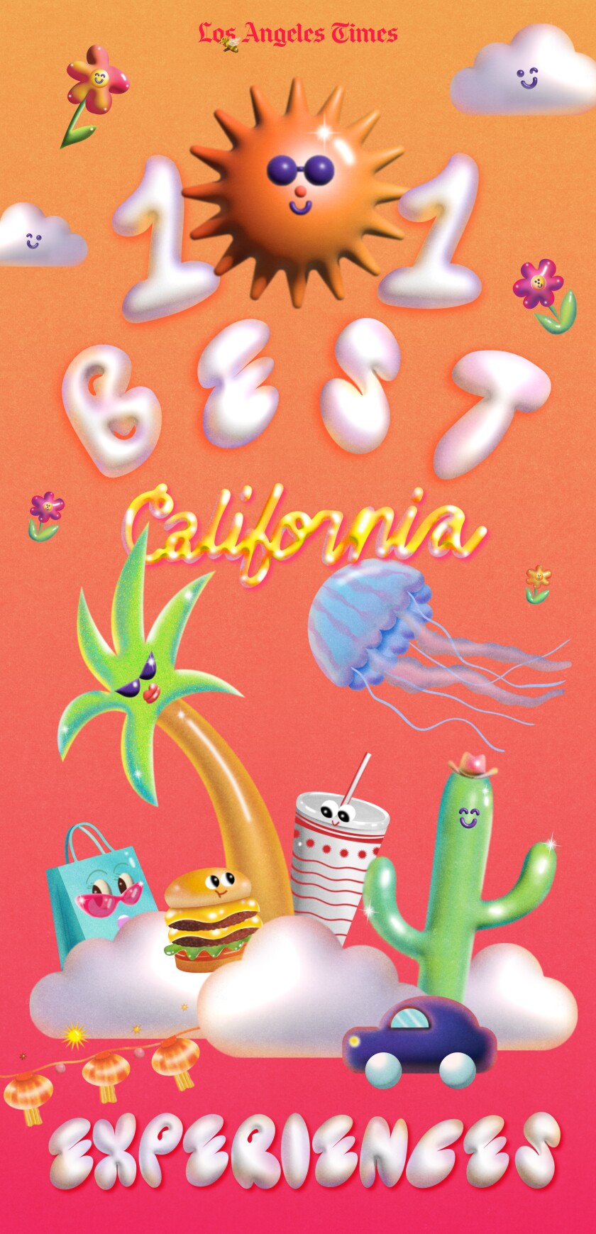 An illustration includes a burger and soda, cactus and palm tree, and the words "101 Best California Experiences."
