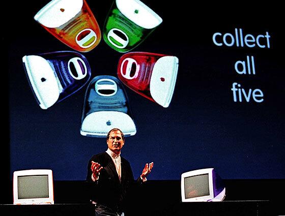 Steve Jobs introduces the iMac's five new colors at the 1999 MacWorld Expo in San Francisco.