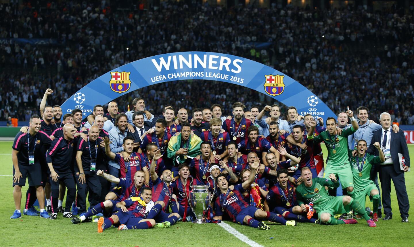 Los jugadores del Barcelona celebran la conquista de la Liga de Campeones de Europa.