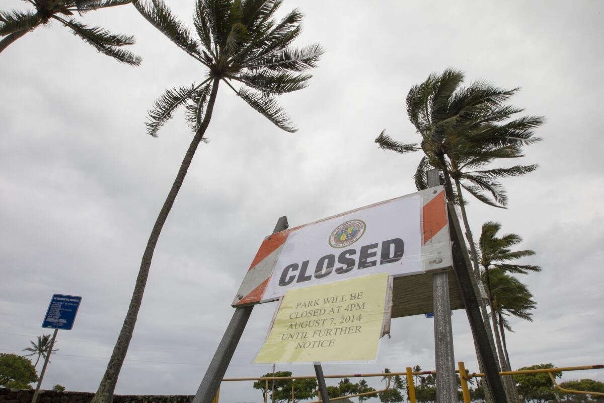 Winds from Tropical Storm Iselle blow palm trees near a sign warning of the closure of Kualoa Regional Park in Honolulu on Friday.