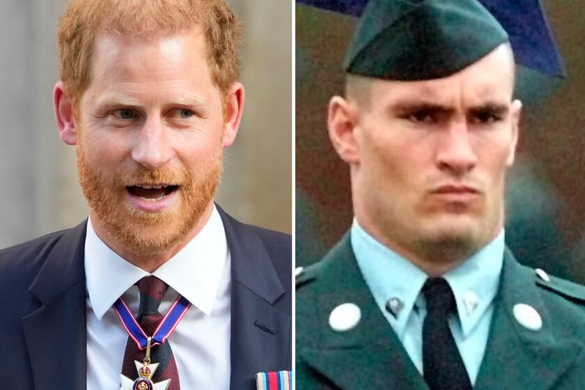 Britain's Prince Harry leaves after attending an Invictus Games Foundation 10th Anniversary Service of Thanksgiving at St Paul's Cathedral in London, Wednesday, May 8, 2024. (AP Photo/Kirsty Wigglesworth) And ** FILE ** Specialist Pat Tillman marches as he performs the honor of being the guidon bearer during graduation ceremonies in this Friday, Oct. 25, 2002 file photo on Sand Hill at Fort Benning, Ga..AP Photo/Columbus Ledger Enquirer, Mike Haskey
