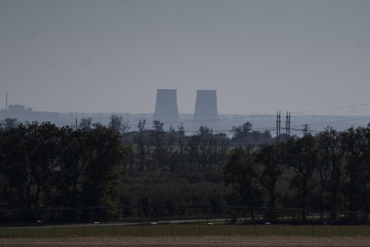 A view of two smokestack-like structures in the distance. In the foreground is an area with trees