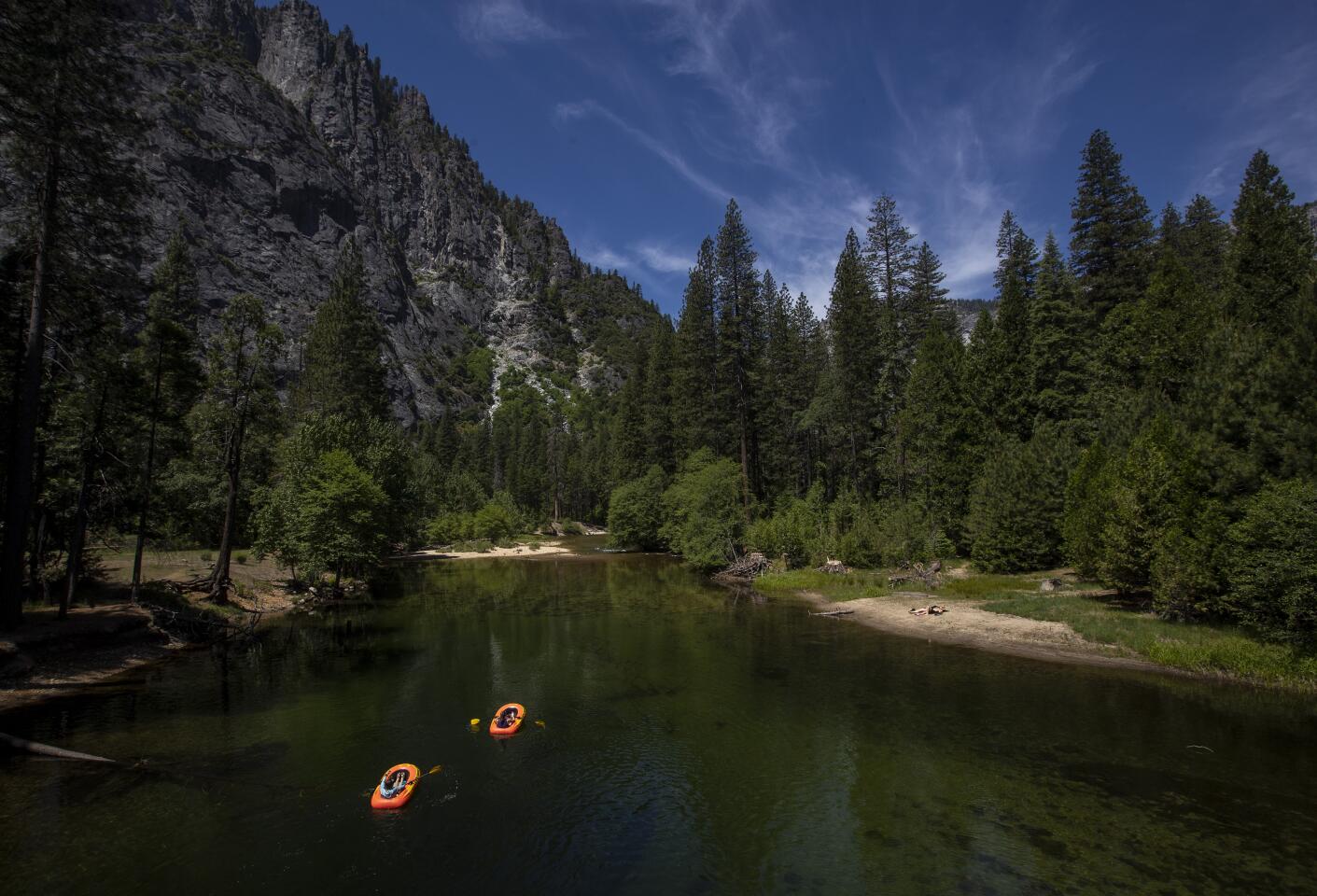 Rafters on the Merced River in Yosemite Valley.