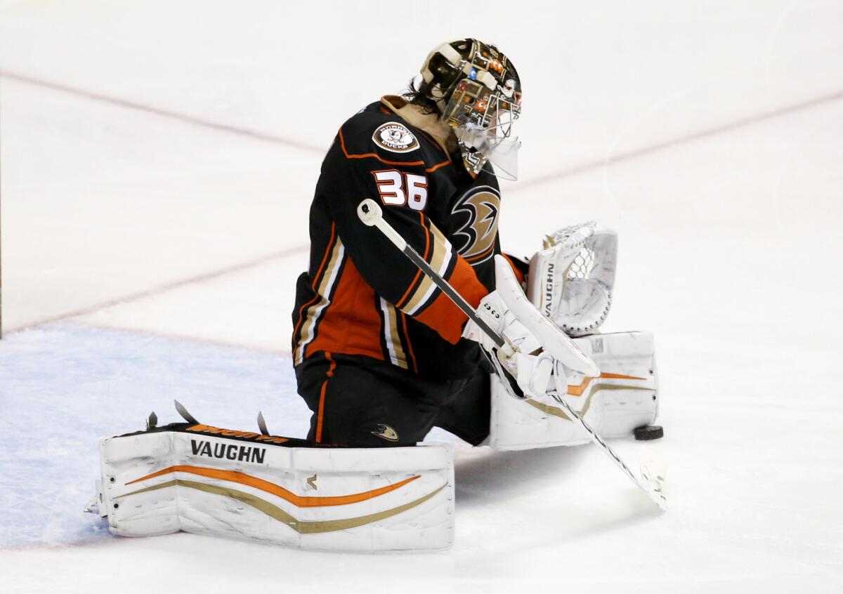 Ducks goalie Frederik Andersen blocks a shot from the Montreal Canadiens during the third period of a game on March 4.