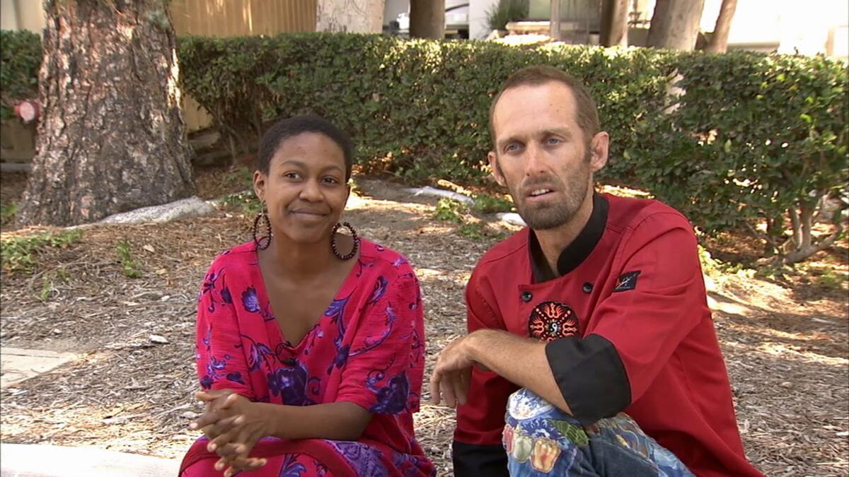 Daniele Watts and Brian James Lucas, shown during an interview with KABC, say police had no right to demand her identification when they responded to a call reporting a sexual act in a public place.