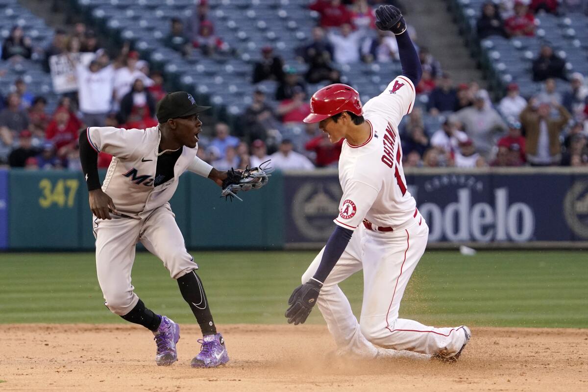 Miami Marlins' Jazz Chisholm Jr. reacts after striking out during the