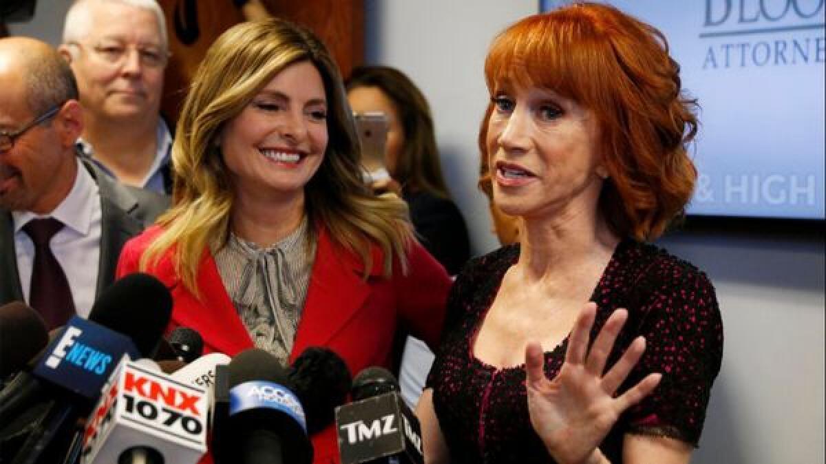 Kathy Griffin, right, with Lisa Bloom at Griffin's press conference in June.