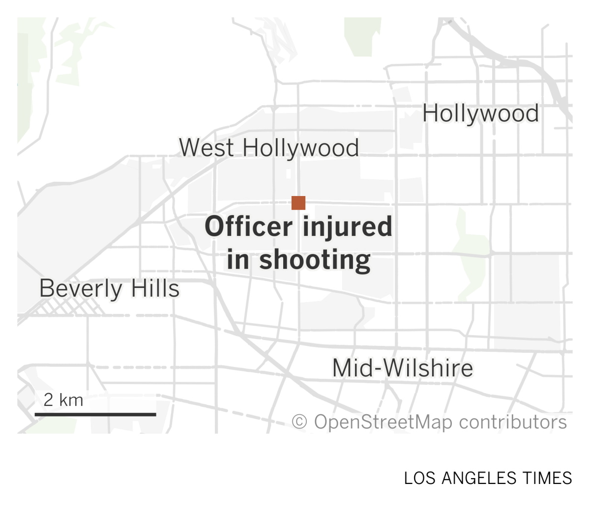 A map of central Los Angeles shows where an officer was wounded in a shooting in the Fairfax district