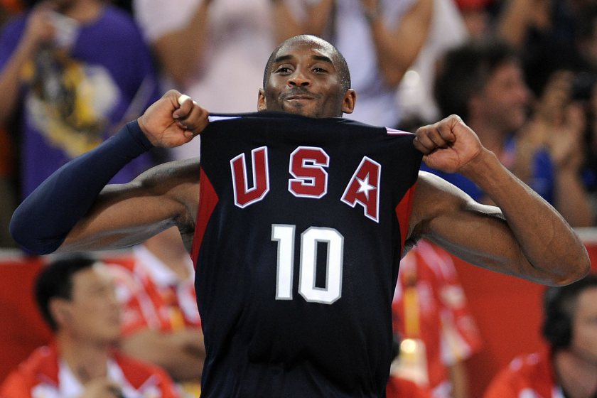 USA's Kobe Bryant celebrates at the end of the men's basketball gold medal match Spain at the Beijing 2008 Olympic Games.