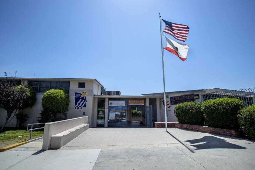 GLENDALE, CA-MAY 5, 2022: Overall, shows front entrance to Thomas Jefferson Elementary School in Glendale. A third-grade teacher at this school was reassigned after facing threats related to emails that were made public related to a lesson on Pride month in June of 2021. (Mel Melcon / Los Angeles Times)
