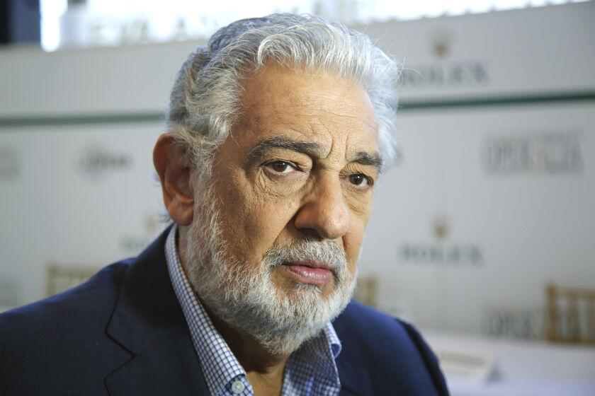 Placido Domingo speaks at the Dorothy Chandler Pavilion in Los Angeles in 2014.