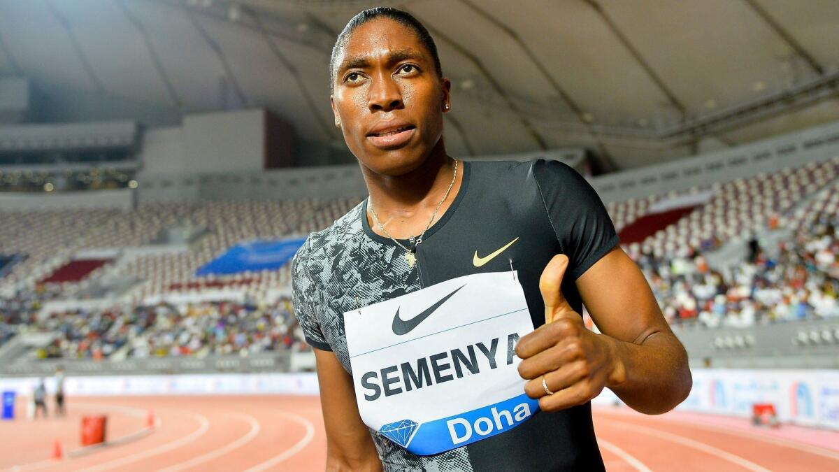 Caster Semenya celebrates after winning the women's 800 meters during the IAAF Diamond League meeting May 3 in Doha, Qatar.