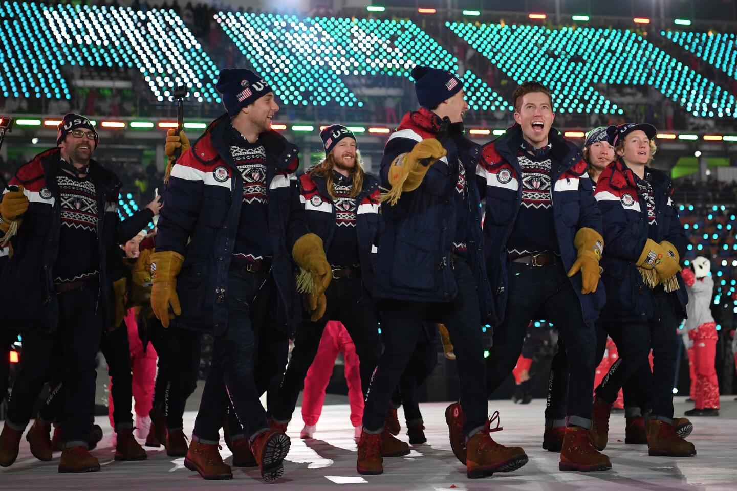 U.S. athletes take part in the Opening Ceremony at PyeongChang Olympic Stadium.