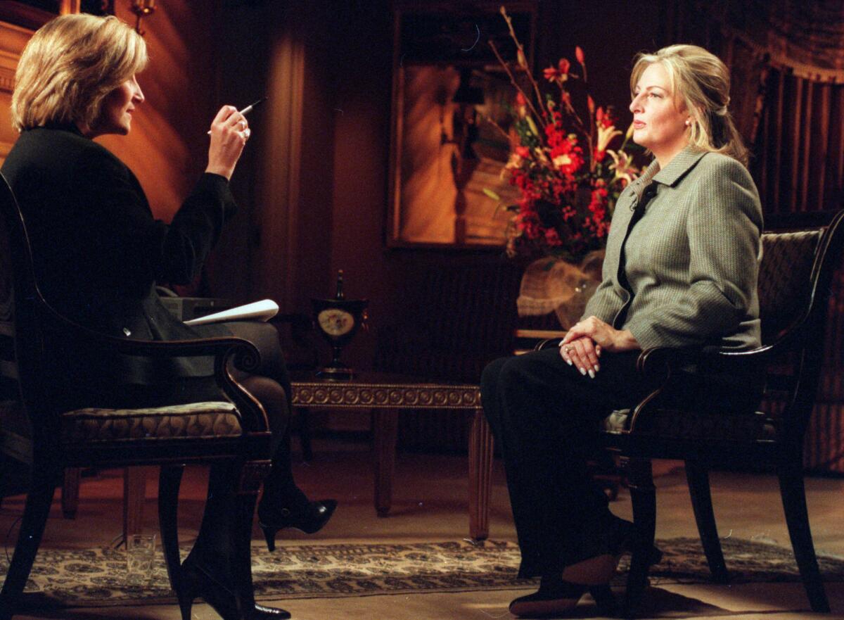 Linda Tripp is interviewed by NBC News show "Today" correspondent Jamie Gangel in 1999.