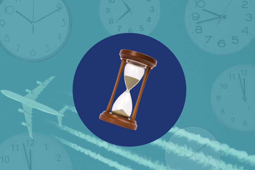 Illustration showing an hourglass, clocks and an airplane