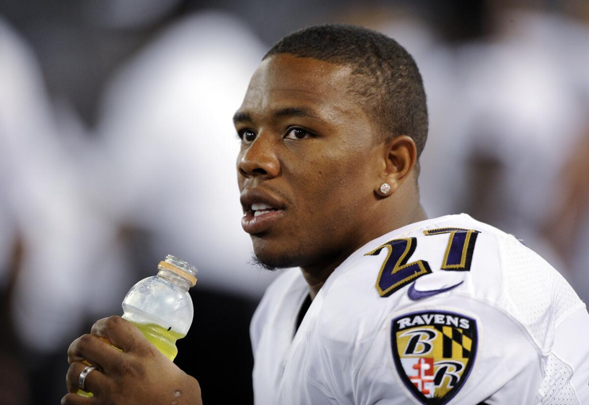Baltimore running back Ray Rice sits on the sideline during an exhibition game against San Francisco on Aug. 7, 2014.