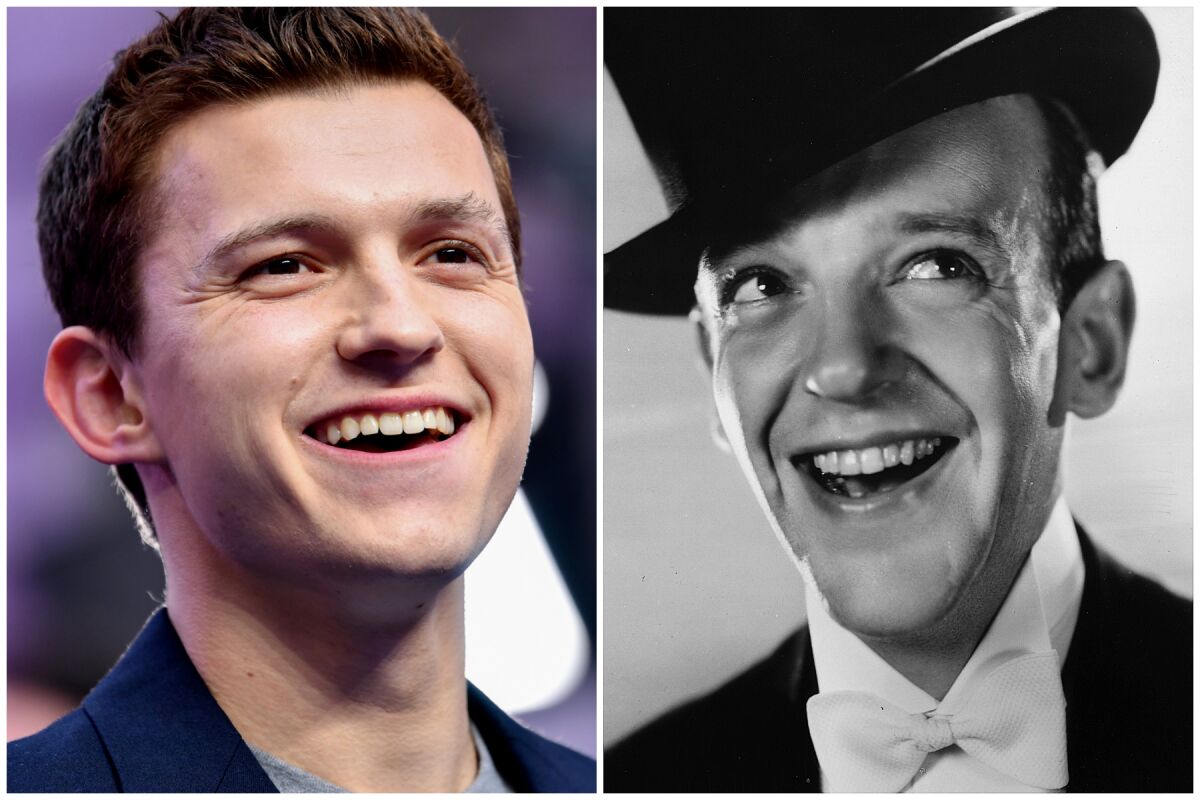 Separate photos of Tom Holland and Fred Astaire smiling