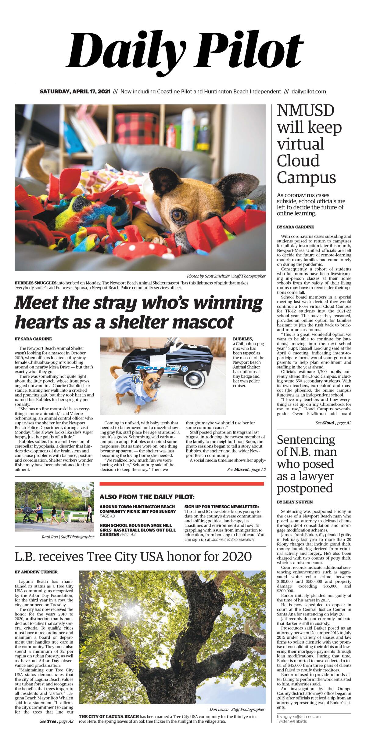 Front page of Daily Pilot e-newspaper for Saturday, April 17, 2021.