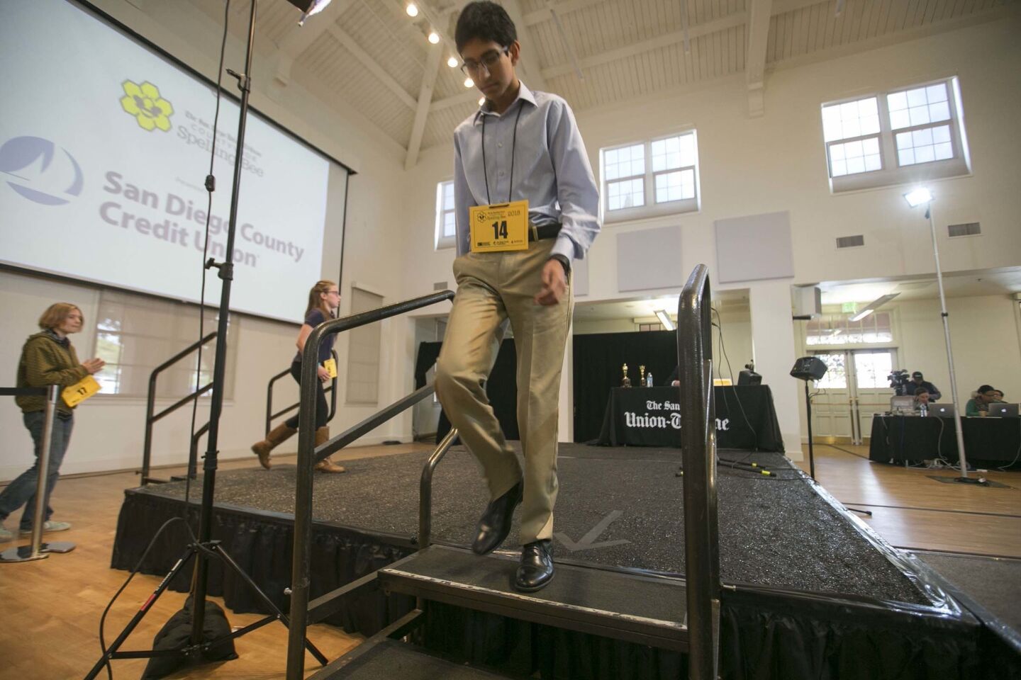 Raj Pabari from the Coastal Academy left the stage after spelling his word at the 49th annual San Diego Union-Tribune county wide spelling bee held at Liberty Station.