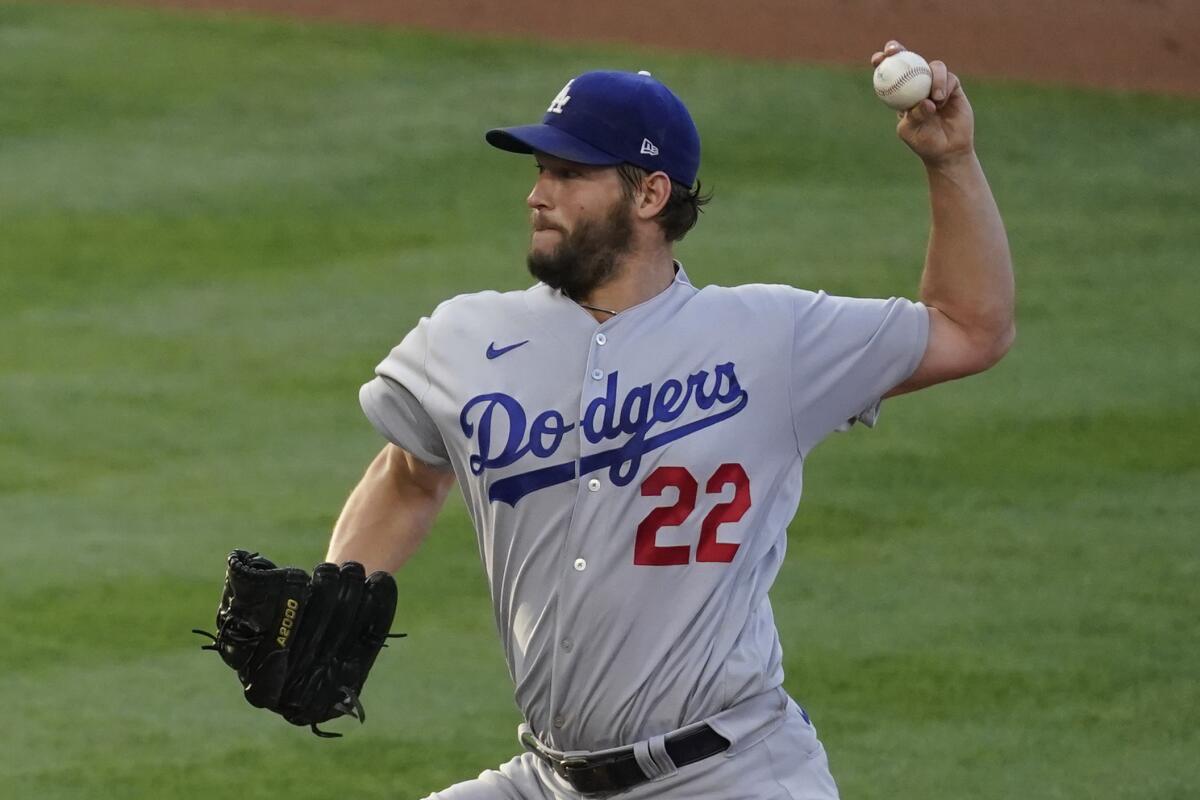 Dodgers starting pitcher Clayton Kershaw throws during the third inning May 8, 2021.