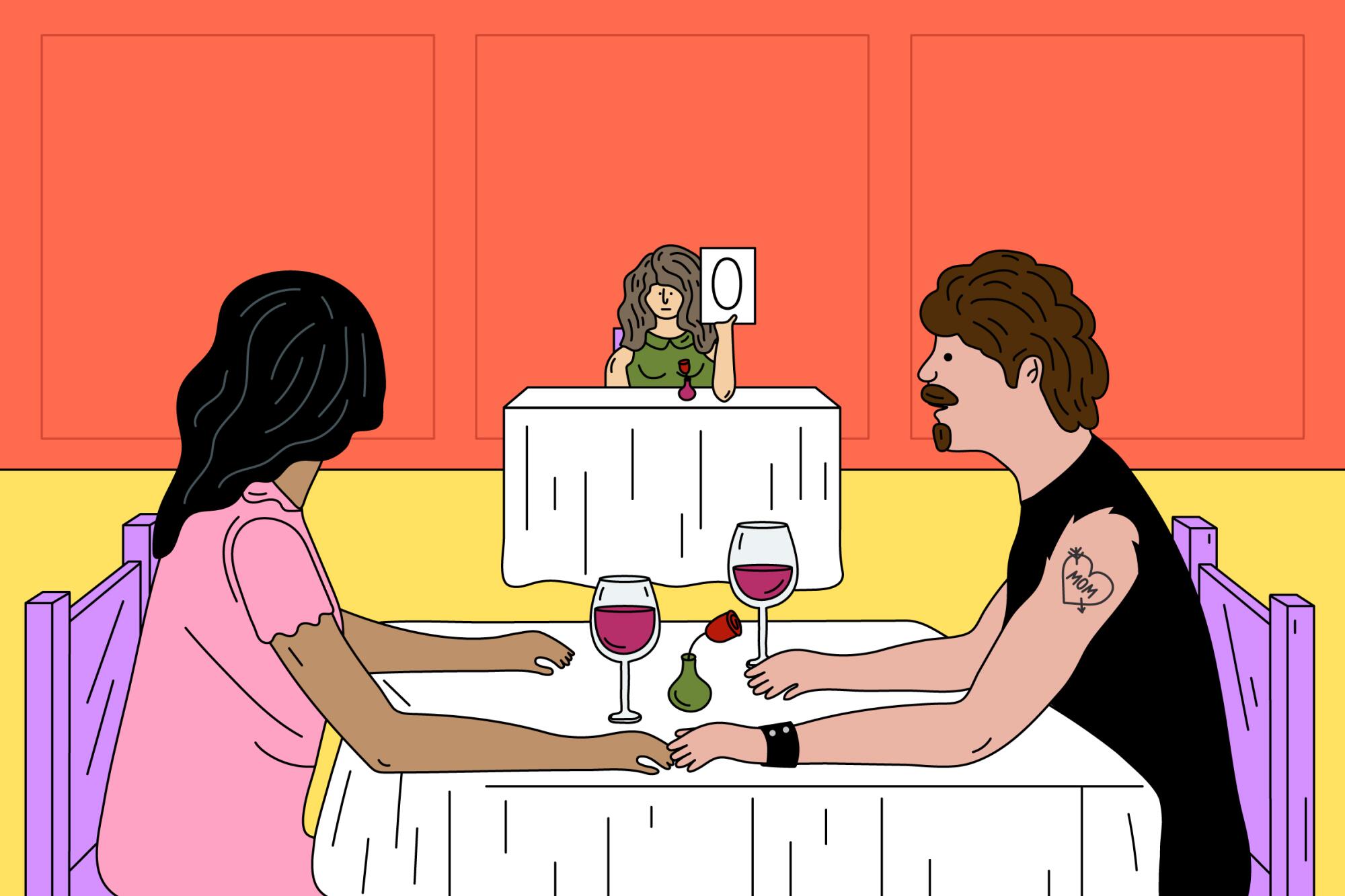 Illustration of a man and woman at a table drinking wine; the woman looks at her nearby friend holding up a card rating '0'