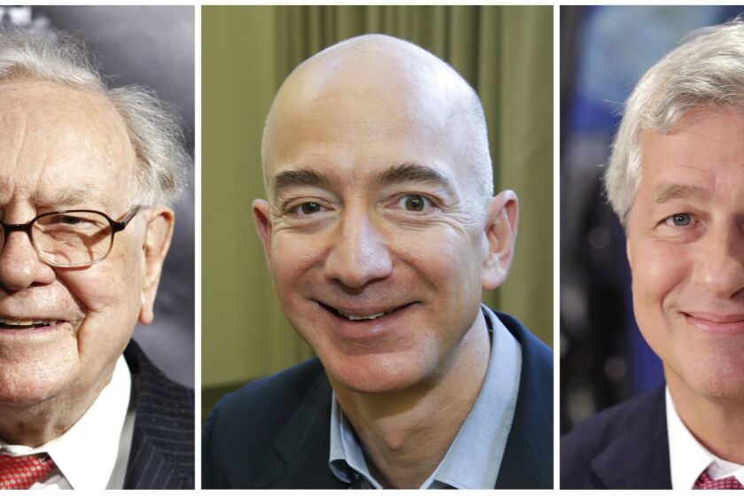 This combination of photos from left shows Warren Buffett on Sept. 19, 2017, in New York, Jeff Bezos, CEO of Amazon.com, on Sept. 24, 2013, in Seattle and JP Morgan Chase Chairman and CEO Jamie Dimon on July 12, 2013, in New York. Buffettâs Berkshire Hathaway, Amazon and the New York bank JPMorgan Chase are teaming up to create a health care company announced Tuesday, Jan. 30, 2018, that is "free from profit-making incentives and constraints." (AP Photos)