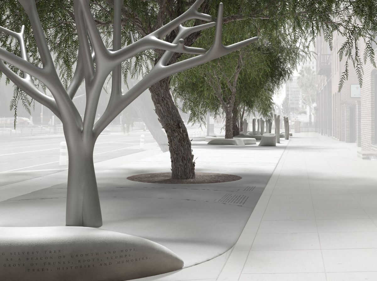 A rendering shows ghostly stone trees and tree trunks installed on a Los Angeles street.