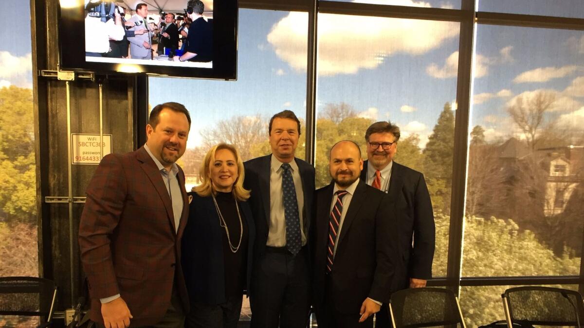 At the Sacramento Press Club, from left, Rob Stutzman and Margita Thompson, who worked for Gov. Arnold Schwarzenegger; Steve Maviglio, for Gov. Gray Davis; Gil Duran, for Gov. Jerry Brown and Sen. Dianne Feinstein; and Kevin Eckery, for Gov. Pete Wilson.