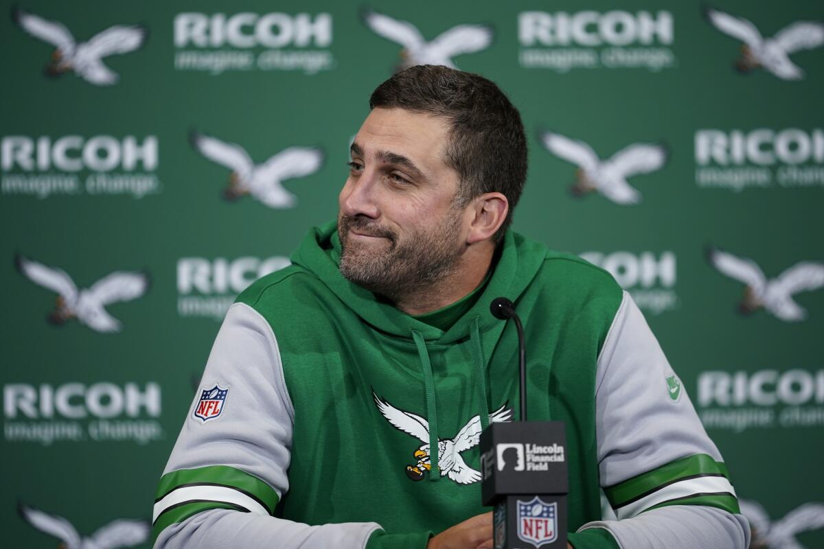 Philadelphia Eagles head coach Nick Sirianni speaks during a news conference after an NFL football game. 