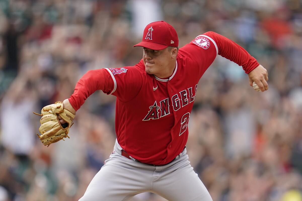 Reliever Aaron Loup pitches for the Angels against the Detroit Tigers on Saturday. 