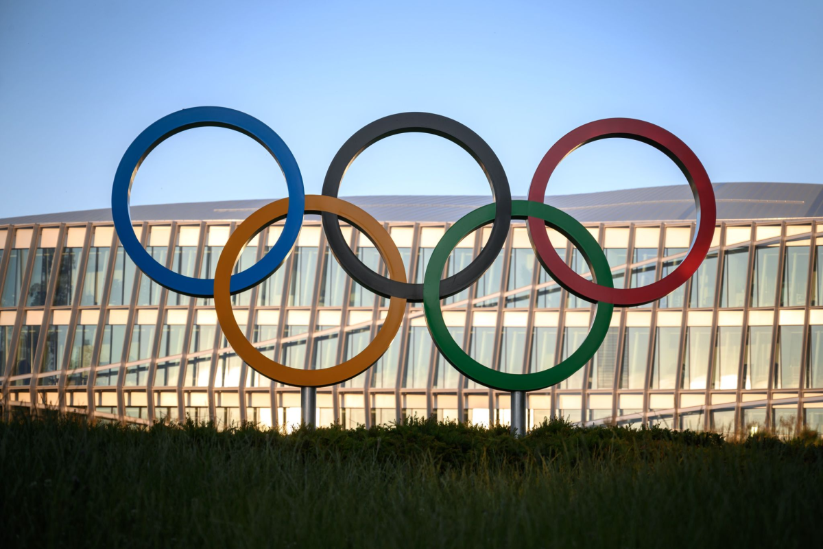 The Olympic rings in front of the International Olympic Committee headquarters in Switzerland.