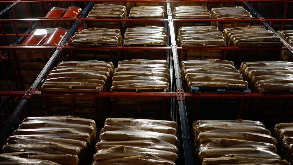 Goods sit on shelves inside a cold storage unit at Lineage Logistics in Vernon.