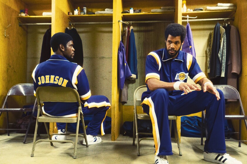 (L-R) Quincy Isaiah as Magic Johnson and Solomon Hughes as Kareem Abdul-Jabbar in "Winning Time."