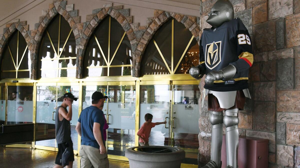 A knight at the Excalibur Hotel & Casino wears the jersey of Vegas Golden Knights goal tender Marc-Andre Fleury.